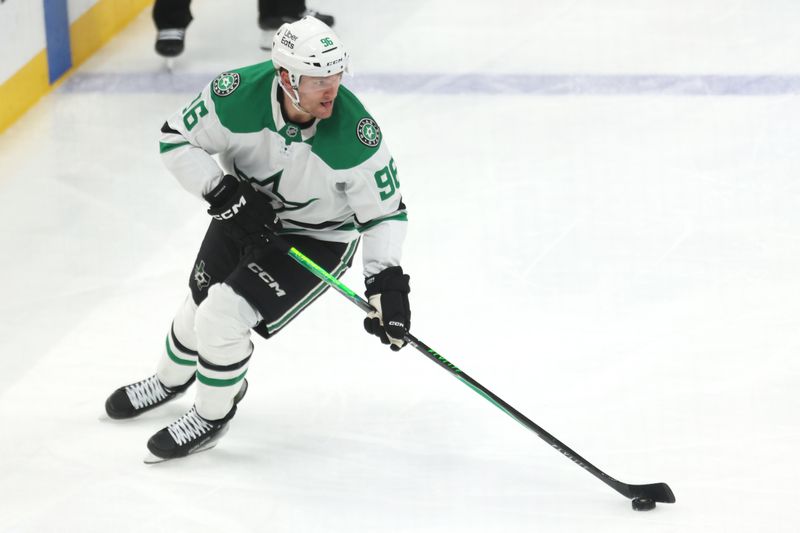 Mar 28, 2026; Pittsburgh, Pennsylvania, USA;  Dallas Stars right wing Mikko Rantanen  (96) skates with the puck against the Pittsburgh Penguins during the third period at PPG Paints Arena. Mandatory Credit: Charles LeClaire-Imagn Images