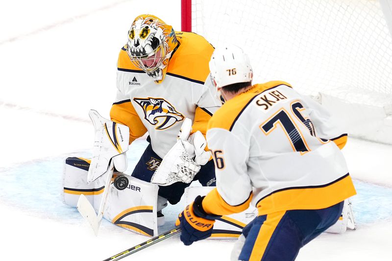 Dec 31, 2025; Las Vegas, Nevada, USA; Nashville Predators goaltender Justus Annunen (29) makes a save against the Vegas Golden Knights during the third period at T-Mobile Arena. Mandatory Credit: Stephen R. Sylvanie-Imagn Images