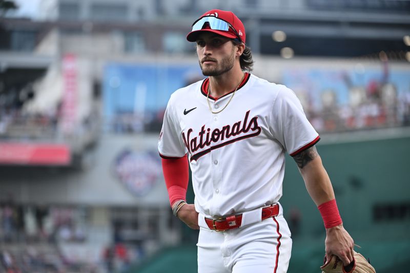 Aug 26, 2024; Washington, District of Columbia, USA; Washington Nationals center fielder Dylan Crews (3) walks off the field during the first inning of his MLB debut against the New York Yankees at Nationals Park. Mandatory Credit: Rafael Suanes-USA TODAY Sports