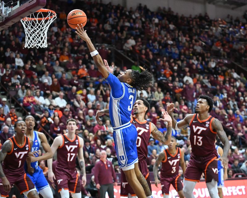 Jan 31, 2026; Blacksburg, Virginia, USA;  Duke Blue Devils guard Isaiah Evans (3) lays the ball up as Virginia Tech Hokies guard Jailen Bedford (0) defends during the first half at Cassell Coliseum. Mandatory Credit: Brian Bishop-Imagn Images