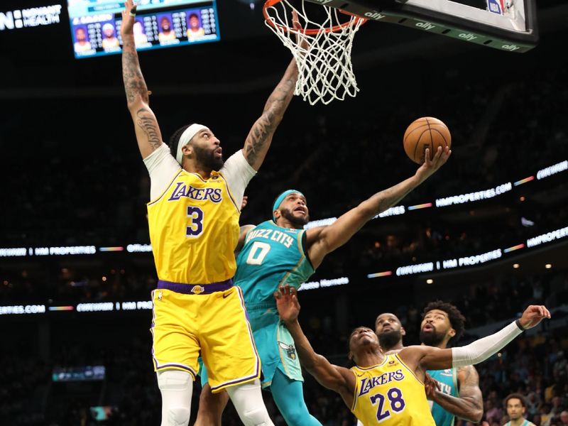 CHARLOTTE, NC - FEBRUARY 5: Miles Bridges #0 of the Charlotte Hornets drives to the basket during the game against the Los Angeles Lakers on February 5, 2024 at Spectrum Center in Charlotte, North Carolina. NOTE TO USER: User expressly acknowledges and agrees that, by downloading and or using this photograph, User is consenting to the terms and conditions of the Getty Images License Agreement.  Mandatory Copyright Notice:  Copyright 2024 NBAE (Photo by Brock Williams-Smith/NBAE via Getty Images)