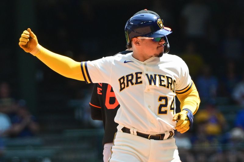 Jun 8, 2023; Milwaukee, Wisconsin, USA; Milwaukee Brewers catcher William Contreras (24) reacts after hitting a double against the Baltimore Orioles in the sixth inning at American Family Field. Mandatory Credit: Benny Sieu-USA TODAY Sports