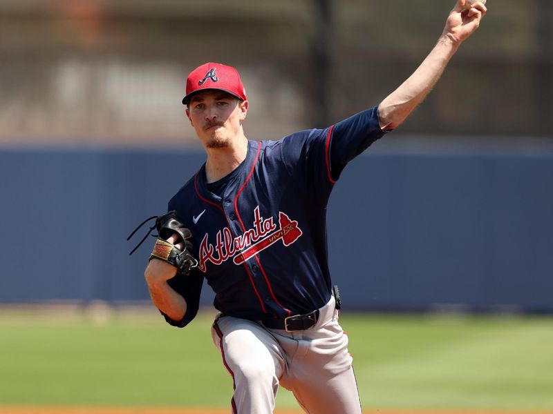 Mar 18, 2024; Port Charlotte, Florida, USA;  Atlanta Braves starting pitcher Max Fried (54) throws a pitch during the first inning against the Tampa Bay Rays at Charlotte Sports Park. Mandatory Credit: Kim Klement Neitzel-USA TODAY Sports