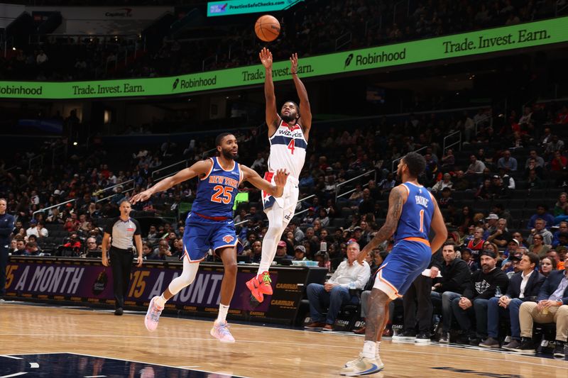 WASHINGTON, DC -? OCTOBER 18: Jared Butler #4 of the Washington Wizards shoots the ball during the game against the New York Knicks on October 18, 2024 at Capital One Arena in Washington, DC. NOTE TO USER: User expressly acknowledges and agrees that, by downloading and or using this Photograph, user is consenting to the terms and conditions of the Getty Images License Agreement. Mandatory Copyright Notice: Copyright 2024 NBAE (Photo by Kenny Giarla/NBAE via Getty Images)