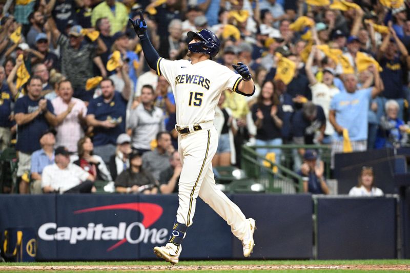 Oct 3, 2023; Milwaukee, Wisconsin, USA; Milwaukee Brewers right fielder Tyrone Taylor (15) celebrates after hitting a home run in the second inning against the Arizona Diamondbacks during game one of the Wildcard series for the 2023 MLB playoffs at American Family Field. Mandatory Credit: Michael McLoone-USA TODAY Sports