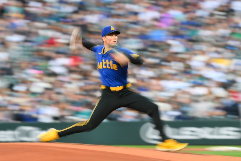 May 31, 2024; Seattle, Washington, USA; Seattle Mariners starting pitcher Bryan Woo (22) pitches to the Los Angeles Angels during the fourth inning at T-Mobile Park. Mandatory Credit: Steven Bisig-USA TODAY Sports