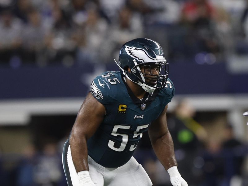 Philadelphia Eagles linebacker Brandon Graham (55) looks to defend during an NFL football game against the Dallas Cowboys, Sunday, Dec. 10, 2023, in Arlington, Texas. (AP Photo/Matt Patterson)