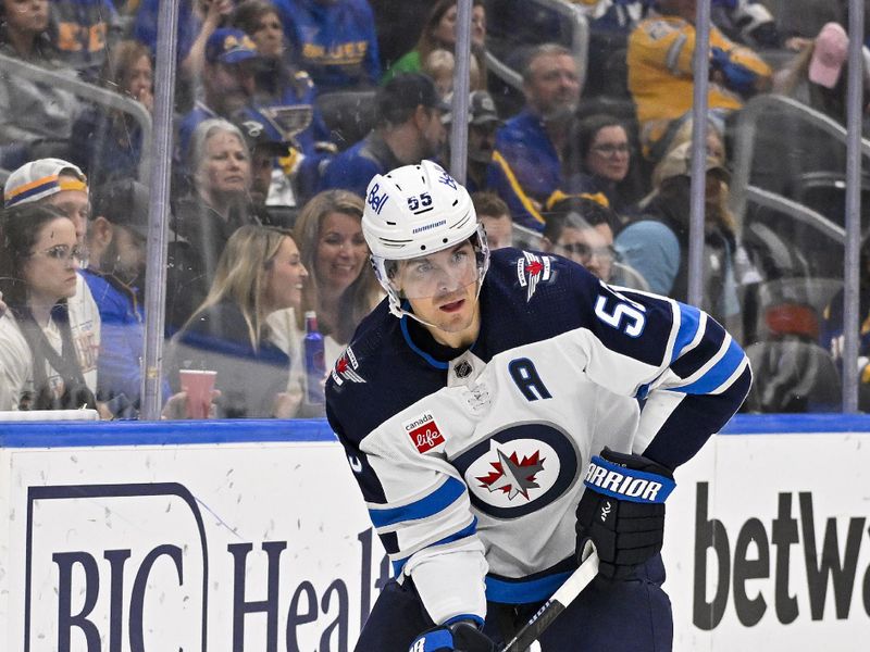 Nov 7, 2023; St. Louis, Missouri, USA;  Winnipeg Jets center Mark Scheifele (55) controls the puck against the St. Louis Blues during the third period at Enterprise Center. Mandatory Credit: Jeff Curry-USA TODAY Sports