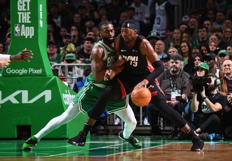 BOSTON, MA - APRIL 24: Jaylen Brown #7 of the Boston Celtics plays defense during the game  against Bam Adebayo #13 of the Miami Heat during Round 1 Game 2 of the 2024 NBA Playoffs on April 24, 2024 at the TD Garden in Boston, Massachusetts. NOTE TO USER: User expressly acknowledges and agrees that, by downloading and or using this photograph, User is consenting to the terms and conditions of the Getty Images License Agreement. Mandatory Copyright Notice: Copyright 2024 NBAE  (Photo by Brian Babineau/NBAE via Getty Images)