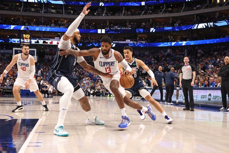 DALLAS, TX - APRIL 28: Paul George #13 of the LA Clippers dribbles the ball during the game against the Dallas Mavericks during Round 1 Game 4 of the 2024 NBA Playoffs on April 28, 2024 at the American Airlines Center in Dallas, Texas. NOTE TO USER: User expressly acknowledges and agrees that, by downloading and or using this photograph, User is consenting to the terms and conditions of the Getty Images License Agreement. Mandatory Copyright Notice: Copyright 2024 NBAE (Photo by Tim Heitman/NBAE via Getty Images)