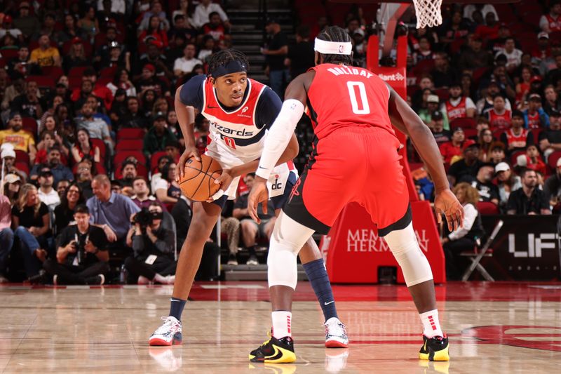 HOUSTON, TX - NOVEMBER 11: Bilal Coulibaly #0 of the Washington Wizards handles the ball during the game against the Houston Rockets on November 11, 2024 at the Toyota Center in Houston, Texas. NOTE TO USER: User expressly acknowledges and agrees that, by downloading and or using this photograph, User is consenting to the terms and conditions of the Getty Images License Agreement. Mandatory Copyright Notice: Copyright 2024 NBAE (Photo by KeShawn Ennis/NBAE via Getty Images)