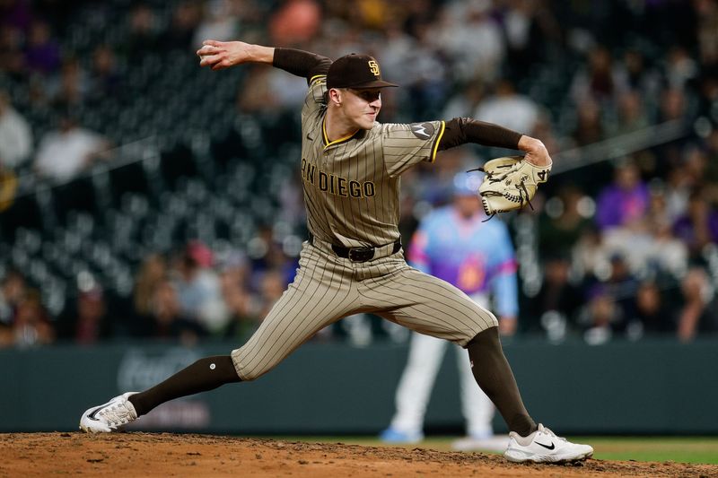 May 9, 2025; Denver, Colorado, USA; San Diego Padres relief pitcher Alek Jacob (37) pitches in the ninth inning against the Colorado Rockies at Coors Field. Mandatory Credit: Isaiah J. Downing-Imagn Images