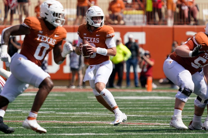 Sep 10, 2022; Austin, Texas, USA; Texas Longhorns quarterback Quinn Ewers (3) looks to throw a pass against the Alabama Crimson Tide during the first half at at Darrell K Royal-Texas Memorial Stadium. Mandatory Credit: Scott Wachter-USA TODAY Sports