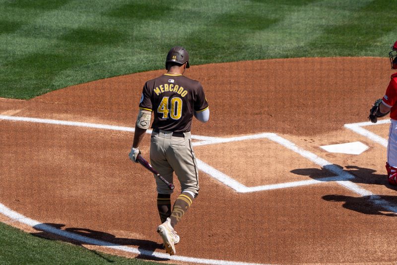 Mar 10, 2024; Tempe, Arizona, USA; San Diego Padres outfielder Oscar Mercado (40) comes up to bat in the first during a spring training game against the Los Angeles Angels at Tempe Diablo Stadium. Mandatory Credit: Allan Henry-USA TODAY Sports