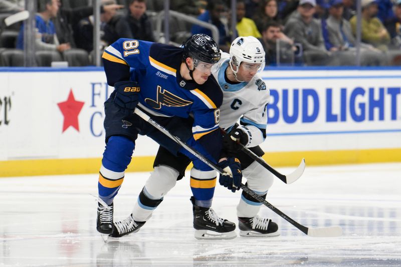 Nov 7, 2024; St. Louis, Missouri, USA; St. Louis Blues center Dylan Holloway (81) waits for a face off against Utah Hockey Club center Nick Schmaltz (8) during the first period at Enterprise Center. Mandatory Credit: Jeff Le-Imagn Images