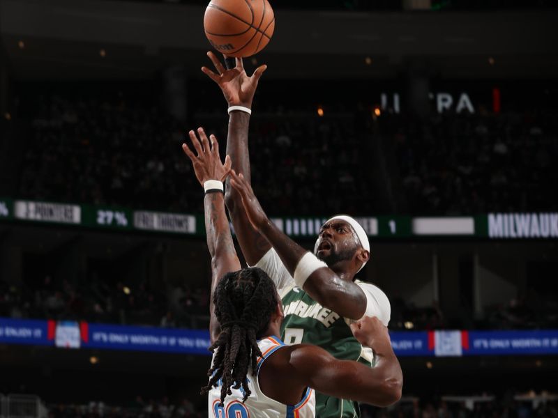 MILWAUKEE, WI - MARCH 24: Bobby Portis #9 of the Milwaukee Bucks shoots the ball during the game against the Oklahoma City Thunder on March 24, 2024 at the Fiserv Forum Center in Milwaukee, Wisconsin. NOTE TO USER: User expressly acknowledges and agrees that, by downloading and or using this Photograph, user is consenting to the terms and conditions of the Getty Images License Agreement. Mandatory Copyright Notice: Copyright 2024 NBAE (Photo by Gary Dineen/NBAE via Getty Images).