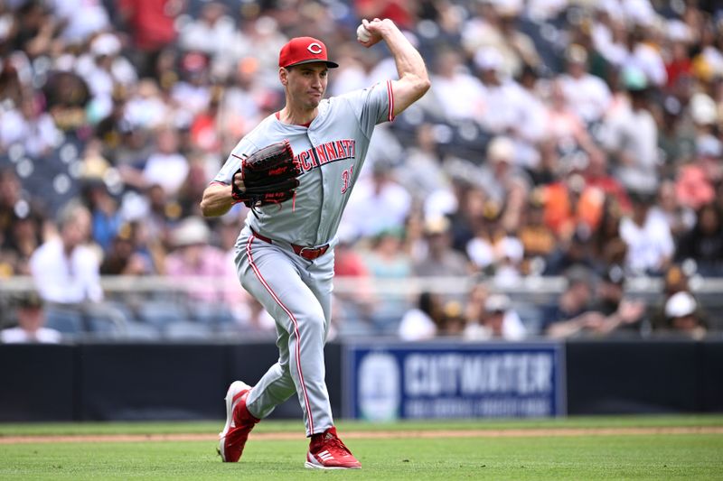 May 1, 2024; San Diego, California, USA; Cincinnati Reds relief pitcher Brent Suter (31) throws to first base on a ground out by San Diego Padres center fielder Jackson Merrill (not pictured) during the eighth inning at Petco Park. Mandatory Credit: Orlando Ramirez-USA TODAY Sports