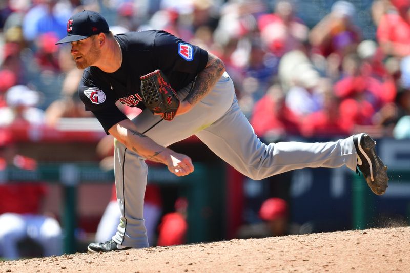 May 26, 2024; Anaheim, California, USA; Cleveland Guardians pitcher Ben Lively (39) throws against the Los Angeles Angels during the sixth inning at Angel Stadium. Mandatory Credit: Gary A. Vasquez-USA TODAY Sports