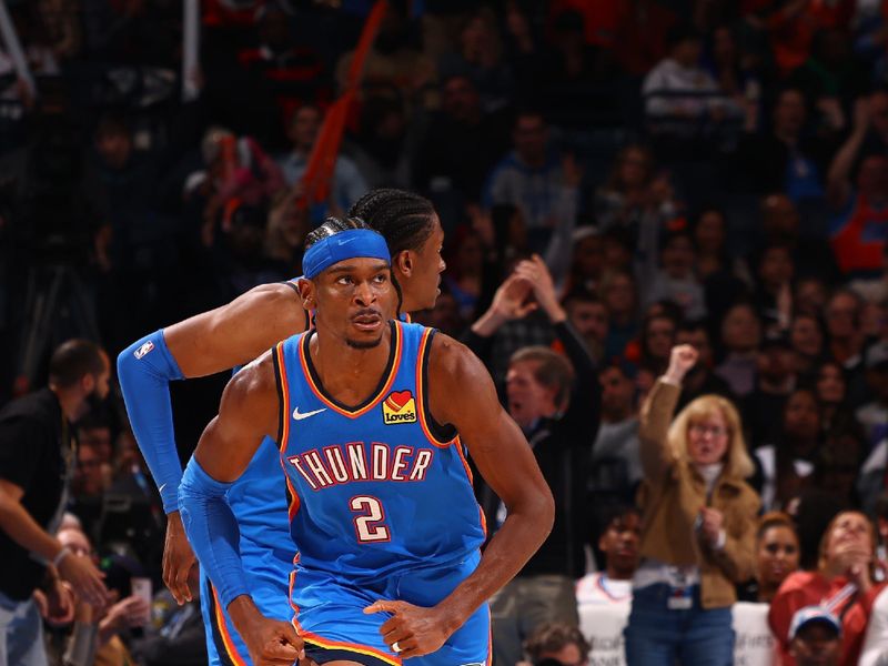 OKLAHOMA CITY, OK - MARCH 8:  Shai Gilgeous-Alexander #2 of the Oklahoma City Thunder reacts during the game against the Miami Heat on March 8, 2024 at Paycom Arena in Oklahoma City, Oklahoma. NOTE TO USER: User expressly acknowledges and agrees that, by downloading and or using this photograph, User is consenting to the terms and conditions of the Getty Images License Agreement. Mandatory Copyright Notice: Copyright 2024 NBAE (Photo by Zach Beeker/NBAE via Getty Images)