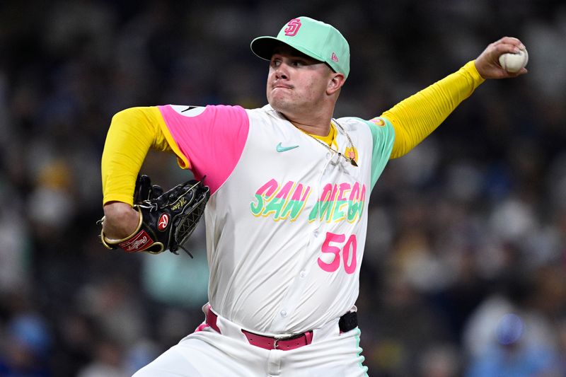 Apr 19, 2024; San Diego, California, USA; San Diego Padres relief pitcher Adrian Morejon (50) throws a pitch against the Toronto Blue Jays uring the eighth inning at Petco Park. Mandatory Credit: Orlando Ramirez-USA TODAY Sports 