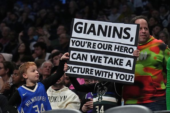 BROOKLYN, NY - DECEMBER 27: Fans show support during the game between the Milwaukee Bucks  and the Brooklyn Nets on December 27, 2023 at Barclays Center in Brooklyn, New York. NOTE TO USER: User expressly acknowledges and agrees that, by downloading and or using this Photograph, user is consenting to the terms and conditions of the Getty Images License Agreement. Mandatory Copyright Notice: Copyright 2023 NBAE (Photo by Jesse D. Garrabrant/NBAE via Getty Images)