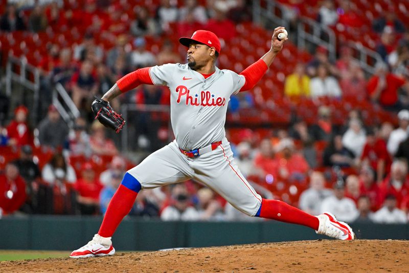 Apr 8, 2024; St. Louis, Missouri, USA;  Philadelphia Phillies pitcher Gregory Soto (30) pitches against the St. Louis Cardinals during the tenth inning at Busch Stadium. Mandatory Credit: Jeff Curry-USA TODAY Sports