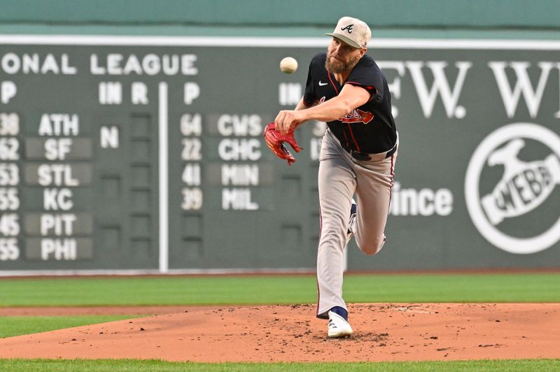 May 16, 2025; Boston, Massachusetts, USA; Atlanta Braves starting pitcher Chris Sale (51) throws against the Boston Red Sox during the first inning at Fenway Park. Mandatory Credit: Eric Canha-Imagn Images