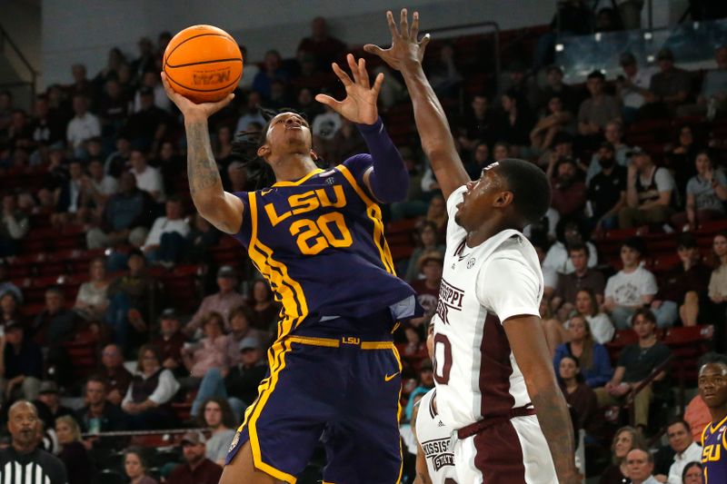 Feb 8, 2023; Starkville, Mississippi, USA; LSU Tigers forward Derek Fountain (20) shoots as Mississippi State Bulldogs guard Shawn Jones Jr. (30) defends during the second half at Humphrey Coliseum. Mandatory Credit: Petre Thomas-USA TODAY Sports