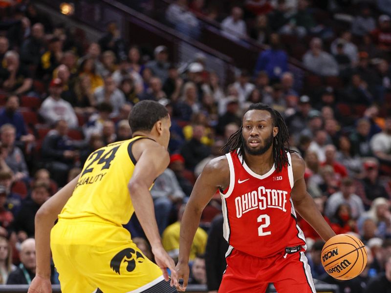 Mar 9, 2023; Chicago, IL, USA; Ohio State Buckeyes guard Bruce Thornton (2) dribbles against Iowa Hawkeyes forward Kris Murray (24) during the first half at United Center. Mandatory Credit: Kamil Krzaczynski-USA TODAY Sports