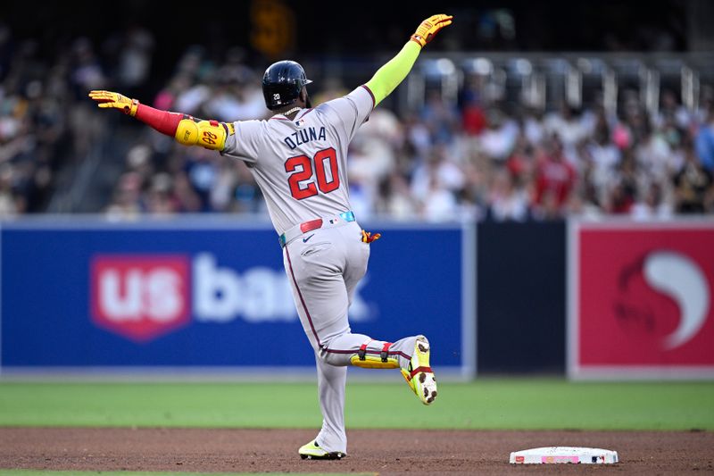 Jul 12, 2024; San Diego, California, USA; Atlanta Braves designated hitter Marcell Ozuna (20) rounds the bases after hitting a home run against the San Diego Padres during the fifth inning at Petco Park. Mandatory Credit: Orlando Ramirez-USA TODAY Sports 