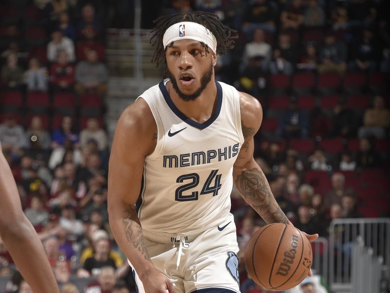 CLEVELAND, OH - APRIL 10: Lamar Stevens #24 of the Memphis Grizzlies dribbles the ball during the game against the Cleveland Cavaliers on April 10, 2024 at Rocket Mortgage FieldHouse in Cleveland, Ohio. NOTE TO USER: User expressly acknowledges and agrees that, by downloading and/or using this Photograph, user is consenting to the terms and conditions of the Getty Images License Agreement. Mandatory Copyright Notice: Copyright 2024 NBAE (Photo by David Liam Kyle/NBAE via Getty Images)