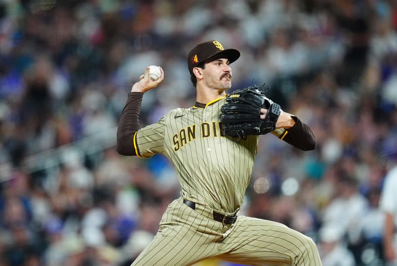 Aug 17, 2024; Denver, Colorado, USA; San Diego Padres starting pitcher Dylan Cease (84) delivers a pitch in the seventh inning against the Colorado Rockies at Coors Field. Mandatory Credit: Ron Chenoy-USA TODAY Sports