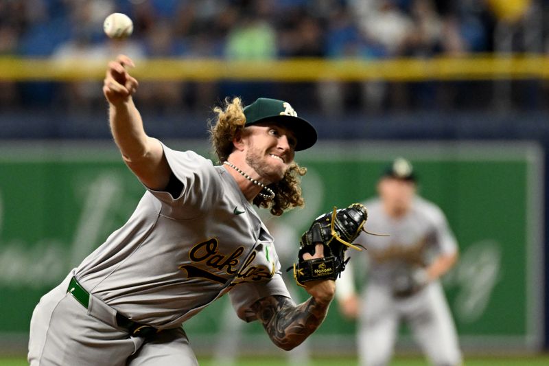 May 29, 2024; St. Petersburg, Florida, USA; Oakland Athletics starting pitcher Joey Estes (68) throws a pitch in the first inning against the Tampa Bay Rays at Tropicana Field. Mandatory Credit: Jonathan Dyer-USA TODAY Sports