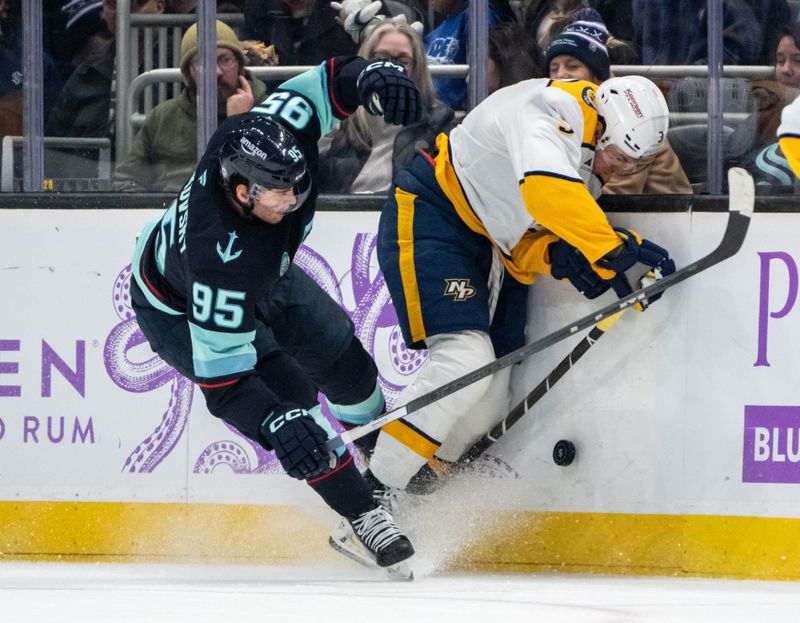 Nov 20, 2024; Seattle, Washington, USA;  Seattle Kraken forward Andre Burakovsky (95) skates against Nashville Predators defenseman Jeremy Lauzon (3) during the first period at Climate Pledge Arena. Mandatory Credit: Stephen Brashear-Imagn Images