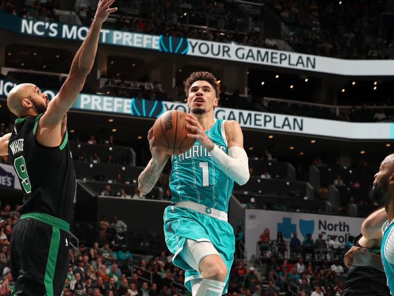 CHARLOTTE, NC - NOVEMBER 2: LaMelo Ball #1 of the Charlotte Hornets drives to the basket during the game against the Boston Celtics on November 2, 2024 at Spectrum Center in Charlotte, North Carolina. NOTE TO USER: User expressly acknowledges and agrees that, by downloading and or using this photograph, User is consenting to the terms and conditions of the Getty Images License Agreement. Mandatory Copyright Notice: Copyright 2024 NBAE (Photo by Kent Smith/NBAE via Getty Images)