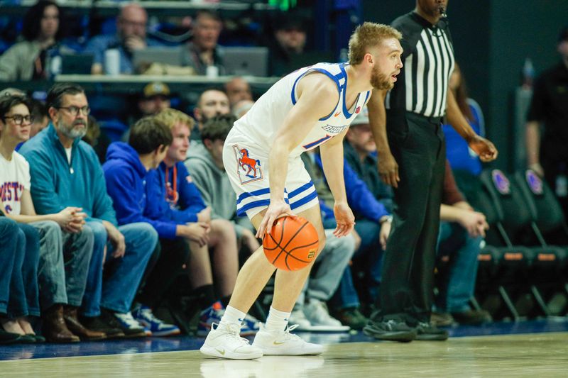 Jan 9, 2024; Boise, Idaho, USA; Boise State Broncos guard Jace Whiting (15) dribbles the ball up court during the first half against the Colorado State Rams at ExtraMile Arena. Mandatory Credit: Brian Losness-USA TODAY Sports


