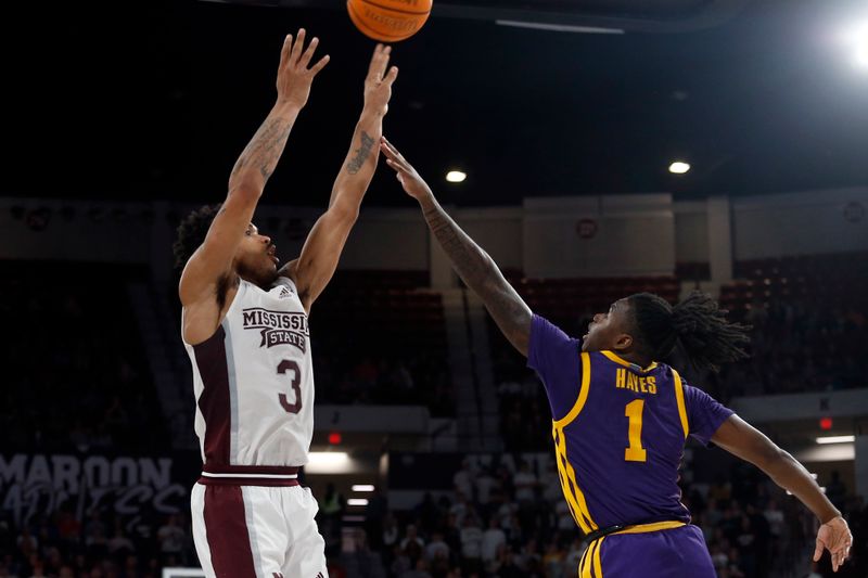 Feb 8, 2023; Starkville, Mississippi, USA; Mississippi State Bulldogs guard Shakeel Moore (3) shoots as LSU Tigers guard Cam Hayes (1) defends during the first half at Humphrey Coliseum. Mandatory Credit: Petre Thomas-USA TODAY Sports