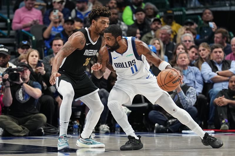 DALLAS, TX - JANUARY 9: Kyrie Irving #11 of the Dallas Mavericks dribbles the ball during the game against the Memphis Grizzlies on January 9, 2024 at the American Airlines Center in Dallas, Texas. NOTE TO USER: User expressly acknowledges and agrees that, by downloading and or using this photograph, User is consenting to the terms and conditions of the Getty Images License Agreement. Mandatory Copyright Notice: Copyright 2024 NBAE (Photo by Glenn James/NBAE via Getty Images)