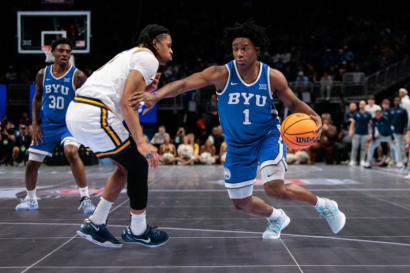 Mar 11, 2026; Kansas City, MO, USA; BYU Cougars guard Robert Wright III (1) drives to the basket around West Virginia Mountaineers guard Chance Moore (13) during the second half at T-Mobile Center. Mandatory Credit: William Purnell-Imagn Images Mar 11, 2026; Kansas City, MO, USA; BYU Cougars guard Robert Wright III (1) drives to the basket around West Virginia Mountaineers guard Chance Moore (13) during the second half at T-Mobile Center. Mandatory Credit: William Purnell-Imagn Images