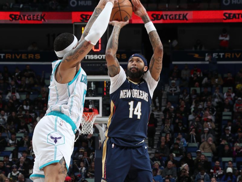 NEW ORLEANS, LA - JANUARY 17: Brandon Ingram #14 of the New Orleans Pelicans shoots the ball during the game against the Charlotte Hornets on January 17, 2024 at the Smoothie King Center in New Orleans, Louisiana. NOTE TO USER: User expressly acknowledges and agrees that, by downloading and or using this Photograph, user is consenting to the terms and conditions of the Getty Images License Agreement. Mandatory Copyright Notice: Copyright 2024 NBAE (Photo by Layne Murdoch Jr./NBAE via Getty Images)