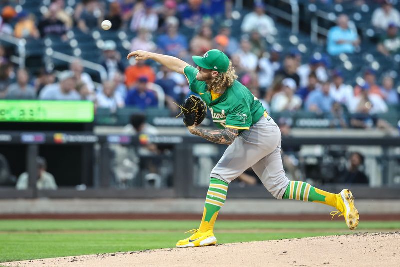 Aug 14, 2024; New York City, New York, USA;  Oakland Athletics starting pitcher Joey Estes (68) pitches in the first inning against the New York Mets at Citi Field. Mandatory Credit: Wendell Cruz-USA TODAY Sports