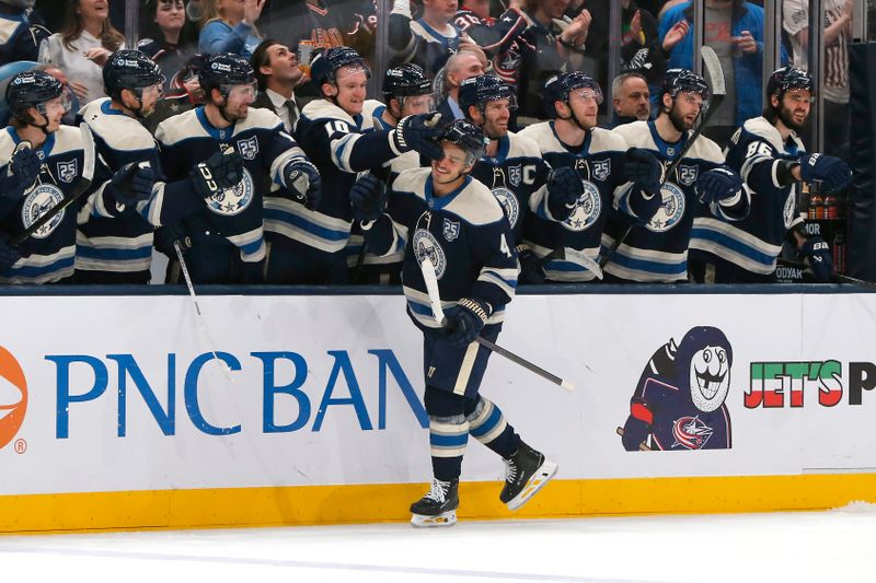Dec 28, 2025; Columbus, Ohio, USA; Columbus Blue Jackets center Cole Sillinger (4) celebrates scoring a goal against the New York Islanders during the third period at Nationwide Arena. Mandatory Credit: Russell LaBounty-Imagn Images