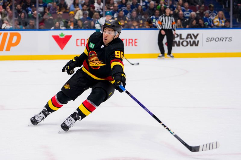 Dec 23, 2023; Vancouver, British Columbia, CAN; Vancouver Canucks forward Andrei Kuzmenko (96) skates against the San Jose Sharks in the third period at Rogers Arena. Canucks won 7-4. Mandatory Credit: Bob Frid-USA TODAY Sports