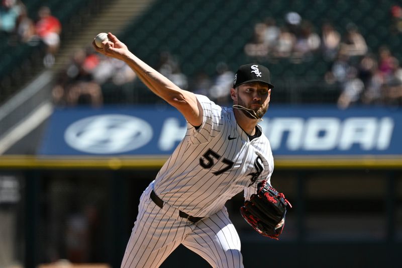 Jun 28, 2025; Chicago, Illinois, USA; Chicago White Sox starting pitcher Adrian Houser (57) delivers a pitch during the first inning against the San Francisco Giants at Rate Field. Mandatory Credit: Matt Marton-Imagn Images