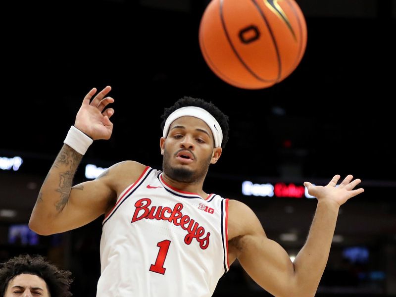 Dec 3, 2023; Columbus, Ohio, USA;  Ohio State Buckeyes guard Roddy Gayle Jr. (1) loses the ball as Minnesota Golden Gophers guard Mike Mitchell Jr. (2) defends him on the play during the second half at Value City Arena. Mandatory Credit: Joseph Maiorana-USA TODAY Sports