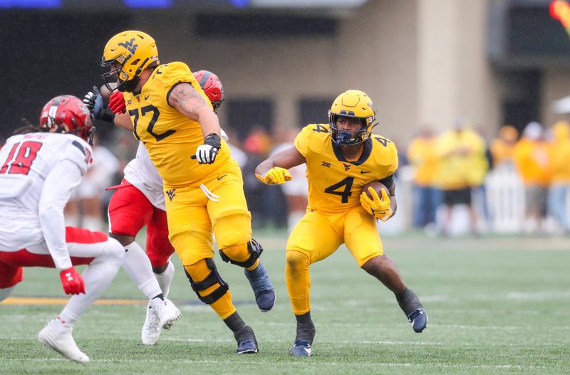 Sep 23, 2023; Morgantown, West Virginia, USA; West Virginia Mountaineers running back CJ Donaldson Jr. (4) runs the ball during the first quarter against the Texas Tech Red Raiders at Mountaineer Field at Milan Puskar Stadium. Mandatory Credit: Ben Queen-USA TODAY Sports