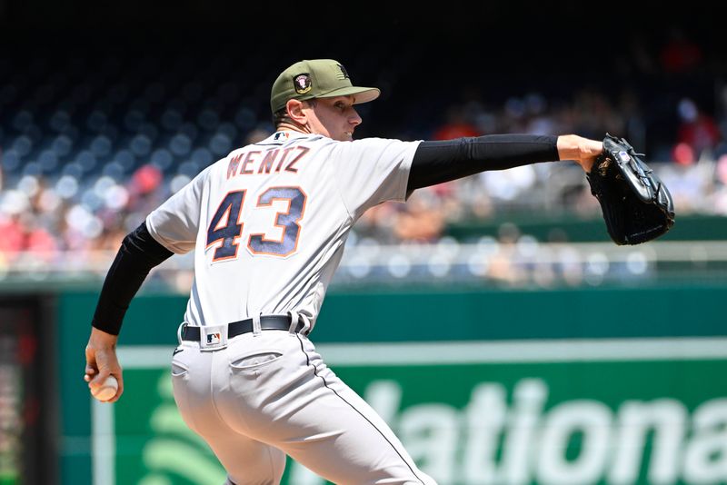 May 21, 2023; Washington, District of Columbia, USA; Detroit Tigers starting pitcher Joey Wentz (43) throws to the Washington Nationals during the first inning at Nationals Park. Mandatory Credit: Brad Mills-USA TODAY Sports