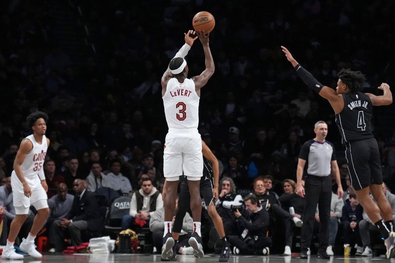 BROOKLYN, NY - FEBRUARY 8: Caris LeVert #3 of the Cleveland Cavaliers shoots the ball during the game against the Brooklyn Nets on February 8, 2024 at Barclays Center in Brooklyn, New York. NOTE TO USER: User expressly acknowledges and agrees that, by downloading and or using this Photograph, user is consenting to the terms and conditions of the Getty Images License Agreement. Mandatory Copyright Notice: Copyright 2024 NBAE (Photo by Jesse D. Garrabrant/NBAE via Getty Images)