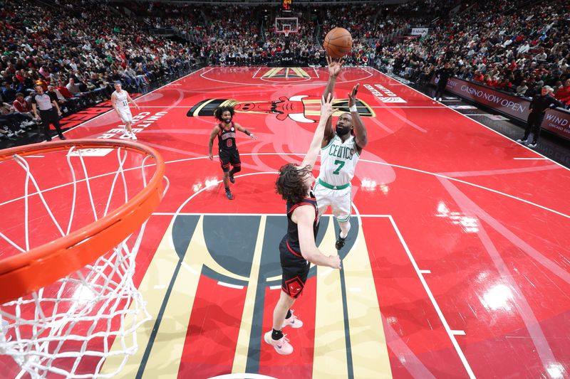 CHICAGO, IL - NOVEMBER 29: Jaylen Brown #7 of the Boston Celtics shoots the ball during the game against the Boston Celtics during the Emirates NBA Cup game on November 29, 2024 at United Center in Chicago, Illinois. NOTE TO USER: User expressly acknowledges and agrees that, by downloading and or using this photograph, User is consenting to the terms and conditions of the Getty Images License Agreement. Mandatory Copyright Notice: Copyright 2024 NBAE (Photo by Jeff Haynes/NBAE via Getty Images)