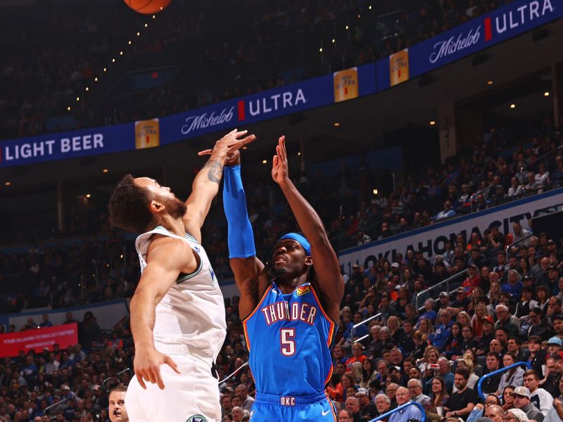 OKLAHOMA CITY, OK - JANUARY 29: Luguentz Dort #5 of the Oklahoma City Thunder shoots the ball during the game against the Minnesota Timberwolves on January 29, 2024 at Paycom Arena in Oklahoma City, Oklahoma. NOTE TO USER: User expressly acknowledges and agrees that, by downloading and or using this photograph, User is consenting to the terms and conditions of the Getty Images License Agreement. Mandatory Copyright Notice: Copyright 2024 NBAE (Photo by Zach Beeker/NBAE via Getty Images)